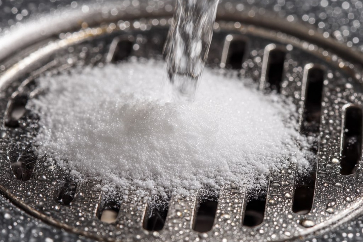 Backpulver und Wasser, Beginn des Reinigungsprozesses des Abflusses