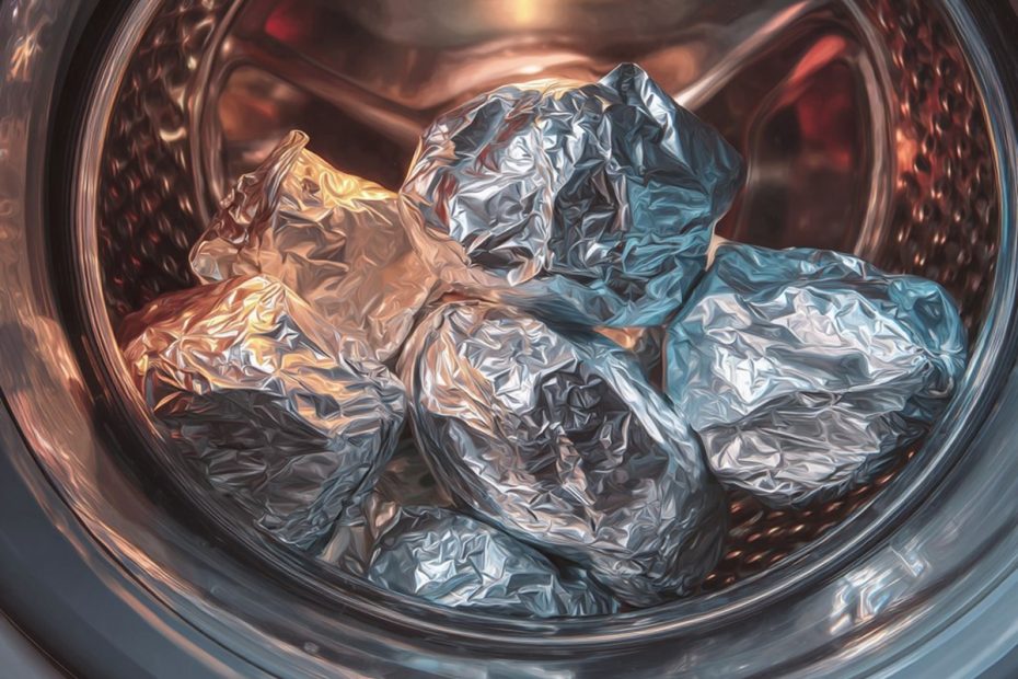 Nahaufnahme mehrerer zerknüllter Aluminiumfolienkugeln im Inneren einer Waschmaschinentrommel aus Metall