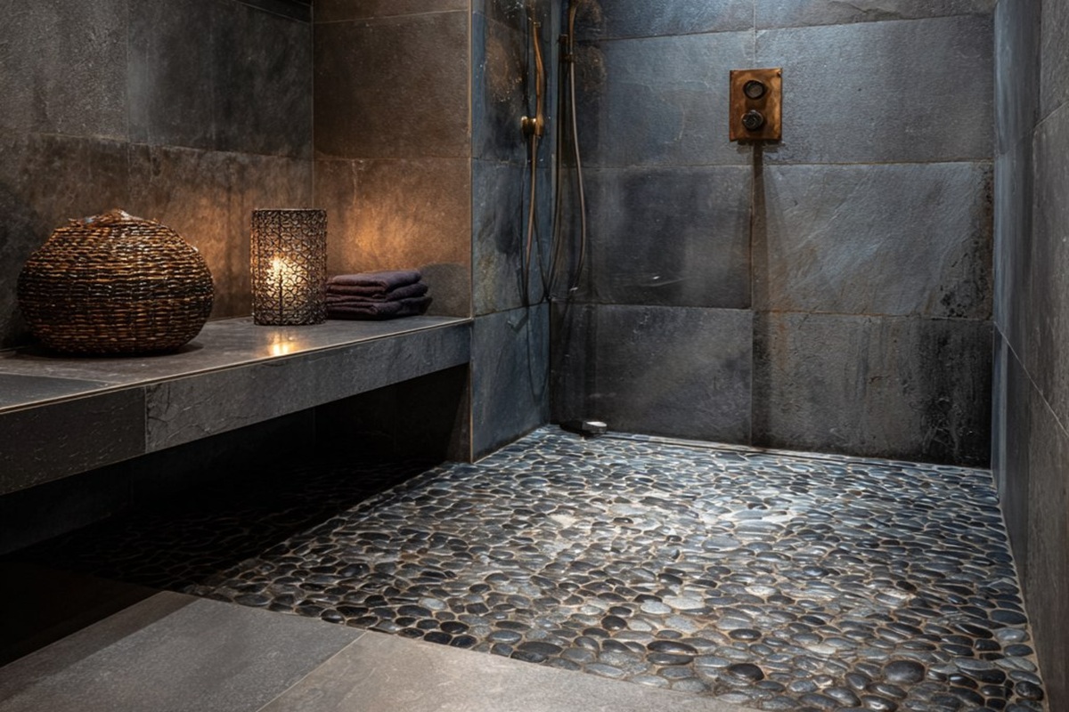 Dunkler Duschraum im Spa-Stil mit einem Boden aus schwarzen Flusskieseln