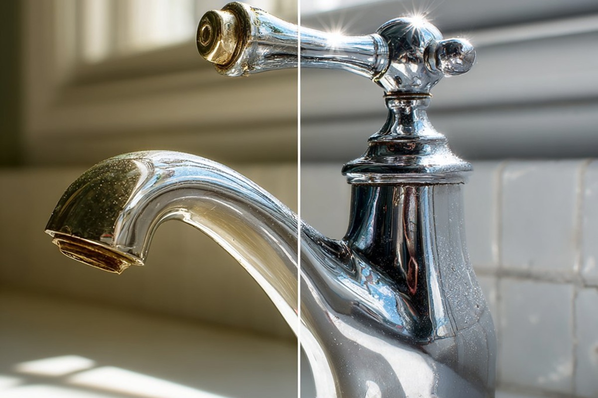 Vorher-Nachher-Foto: Der schmutzige und mit Belag bedeckte Chromhahn links und der saubere, glänzende Hahn rechts.