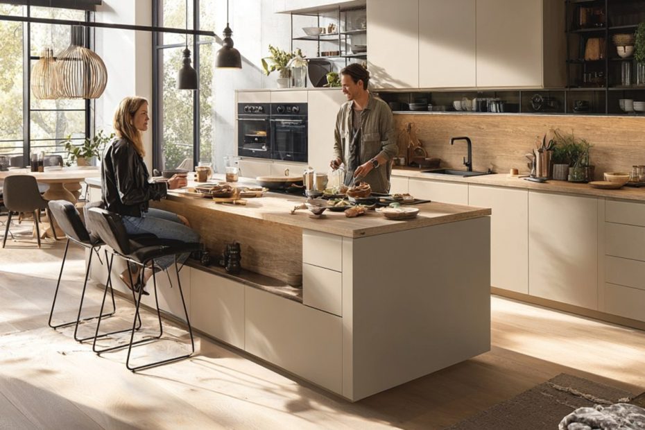 Modernes Interieur einer offenen Küche mit Kücheninsel, an der ein Paar sitzt.