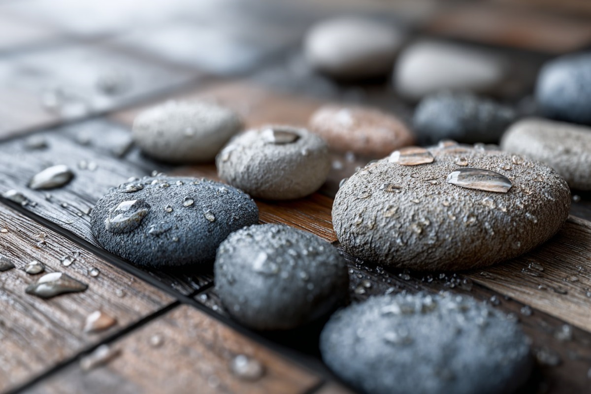 Modernes Badezimmer-Design mit Duschboden in Holzoptik und dunklem Schiefer.