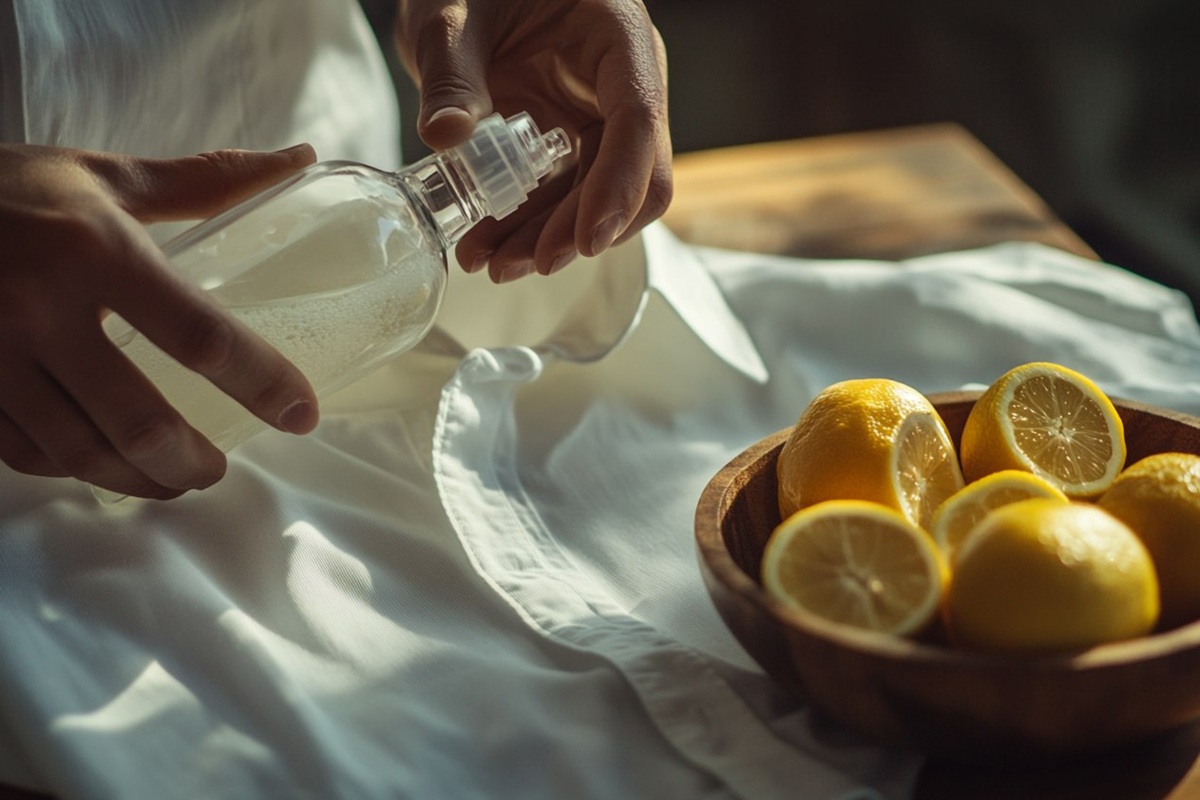 Eine Person besprüht den Kragen eines weißen Hemdes mit einer natürlichen Zitronenlösung