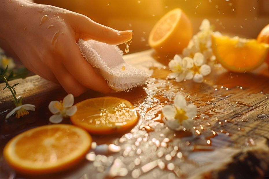 Die Hand trägt Orangenöl mit einem Schwamm auf eine Holzoberfläche neben Orangenscheiben und Blumen auf.