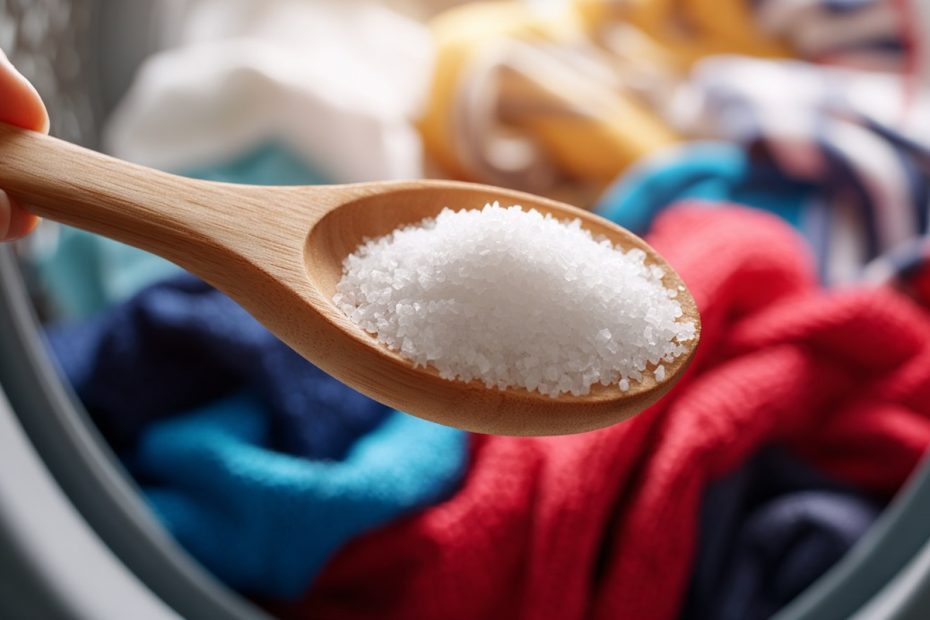 Hanna Wagner gibt einen Löffel Salz in die Waschmaschine um Farben zu schützen.