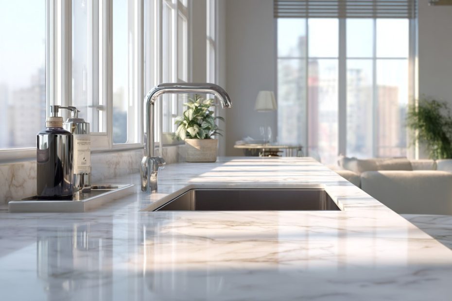 Das Interieur einer modernen, minimalistischen Küche mit einer leeren Marmorarbeitsplatte und einer eingebauten Spüle im Licht der Morgensonne.