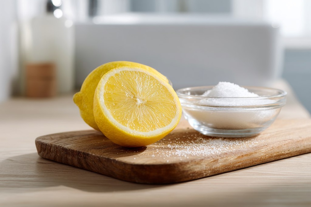 Zitronen und Backpulver in der Küche oder im Badezimmer, bereit für den Einsatz als Reinigungsmittel