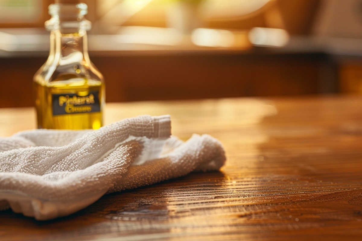 Holzpflege mit Olivenöl und einem Tuch, natürlicher Haushaltshack für glänzende Möbel.