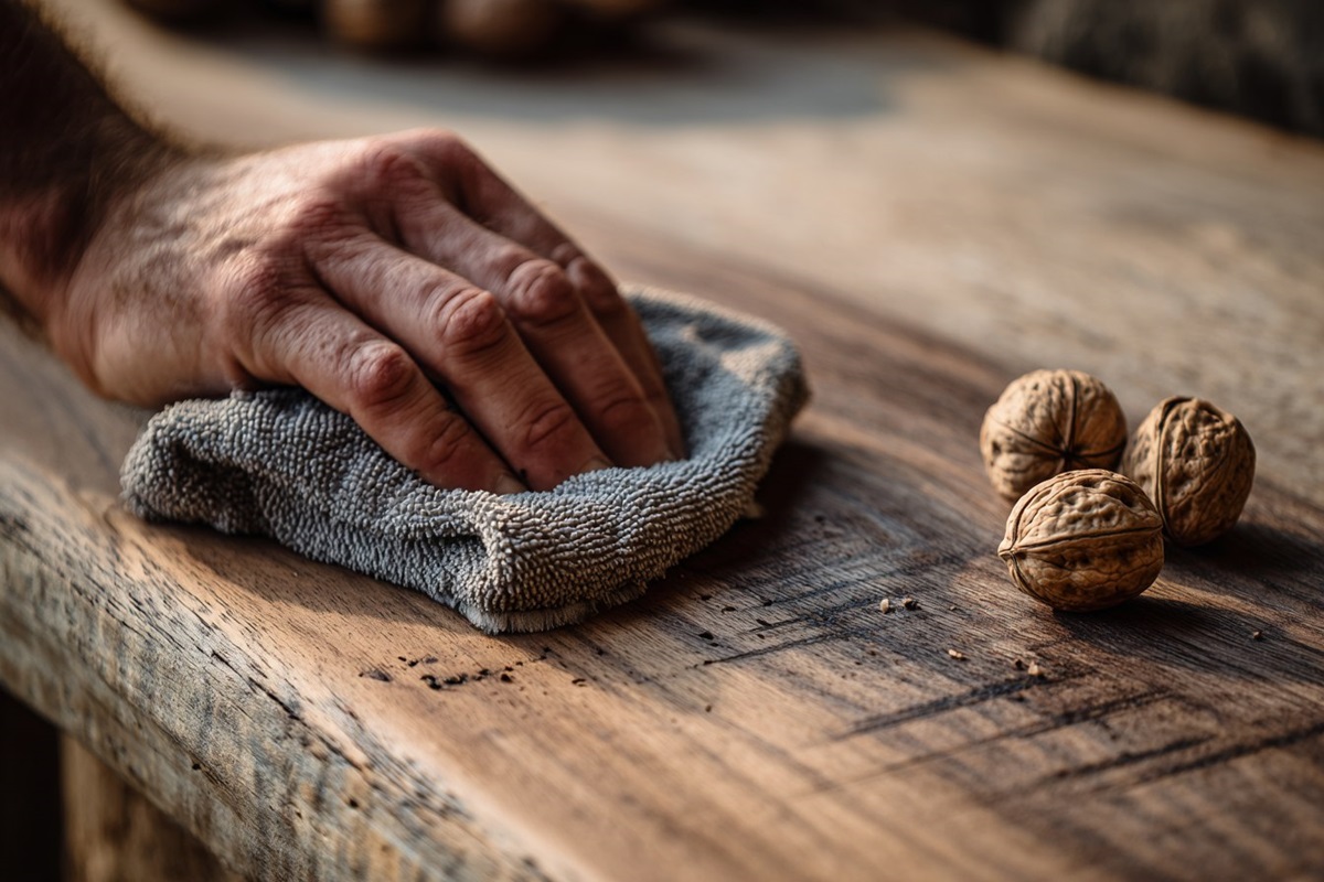 Holzoberfläche nach der Behandlung mit einer Walnuss polieren