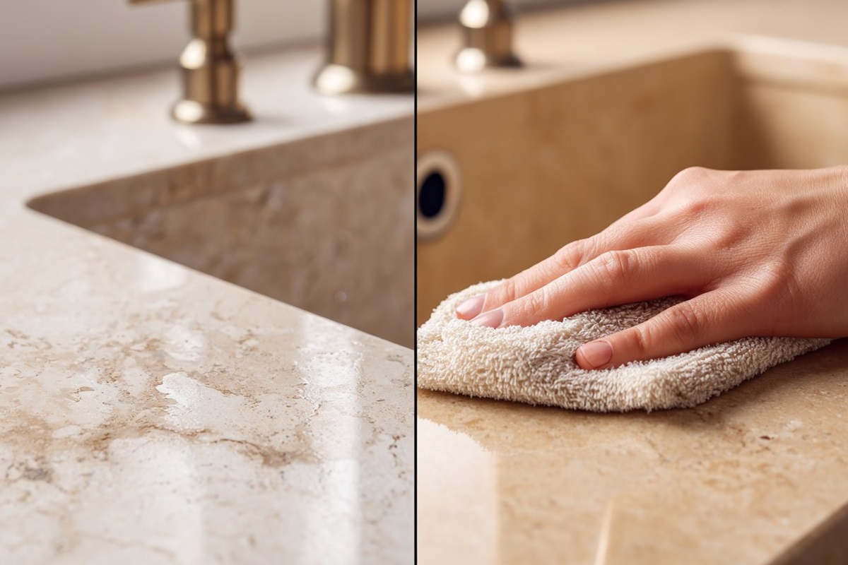 Matte Küchenspüle aus Stein bekommt durch Öl-Trick ihren Glanz zurück, Vorher-Nachher Vergleich.