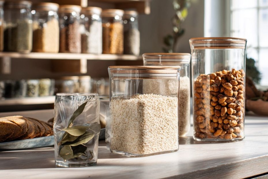 Mit Reis und Nüssen gefüllte Gläser stehen auf der Arbeitsplatte. Links in einem kleinen Glas liegen getrocknete Lorbeerblätter.