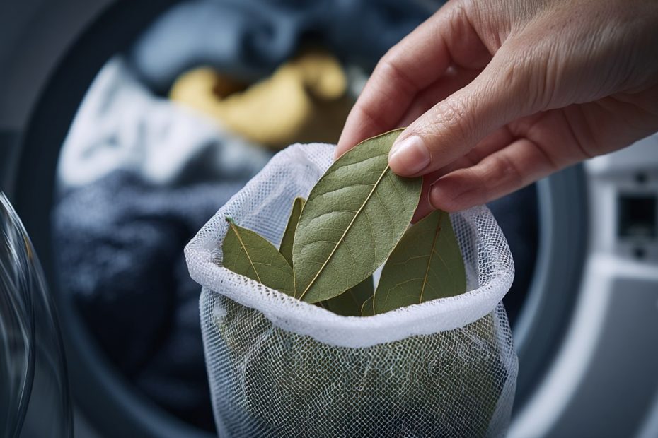 Hanna Wagner legt Lorbeerblätter in ein Wäschenetz für die Waschmaschine.