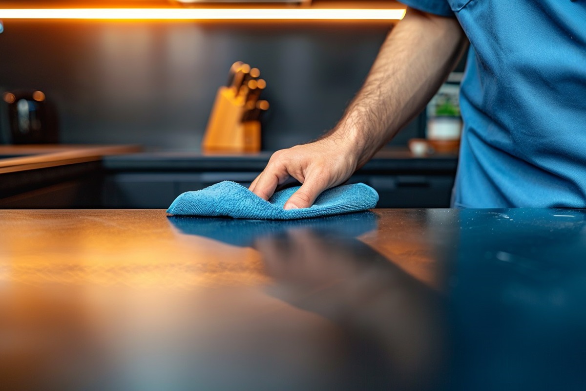 Markus von Monteam reinigt eine matte Küchenfront mit einem Mikrofasertuch, Vorher-Nachher-Effekt