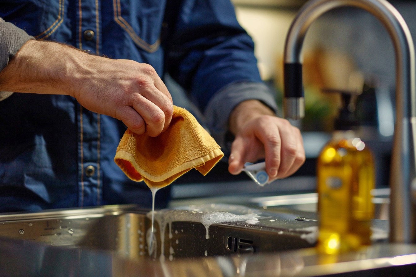 Markus Schmidt zeigt die richtige Pflege einer Spüle mit einem Mikrofasertuch und Babyöl