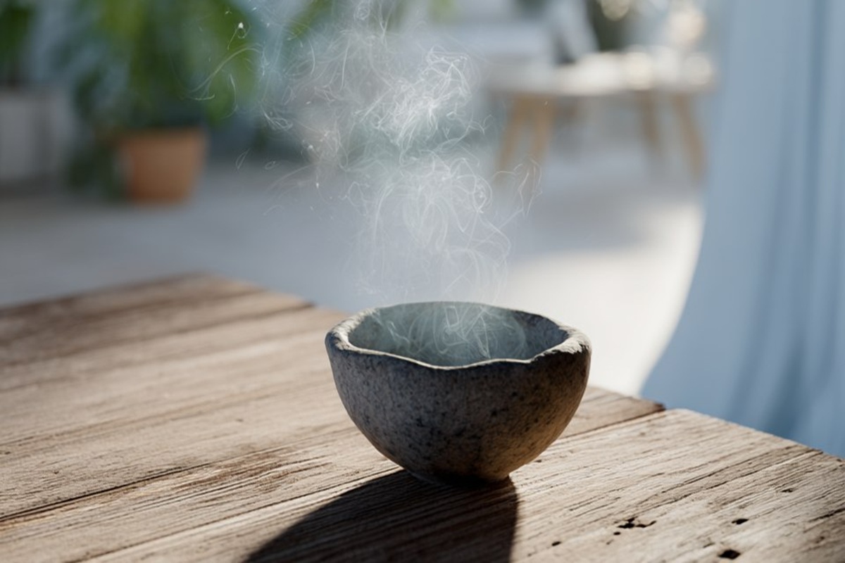 Aus einer kleinen Steinschale auf einem Holztisch steigt leichter Rauch auf.