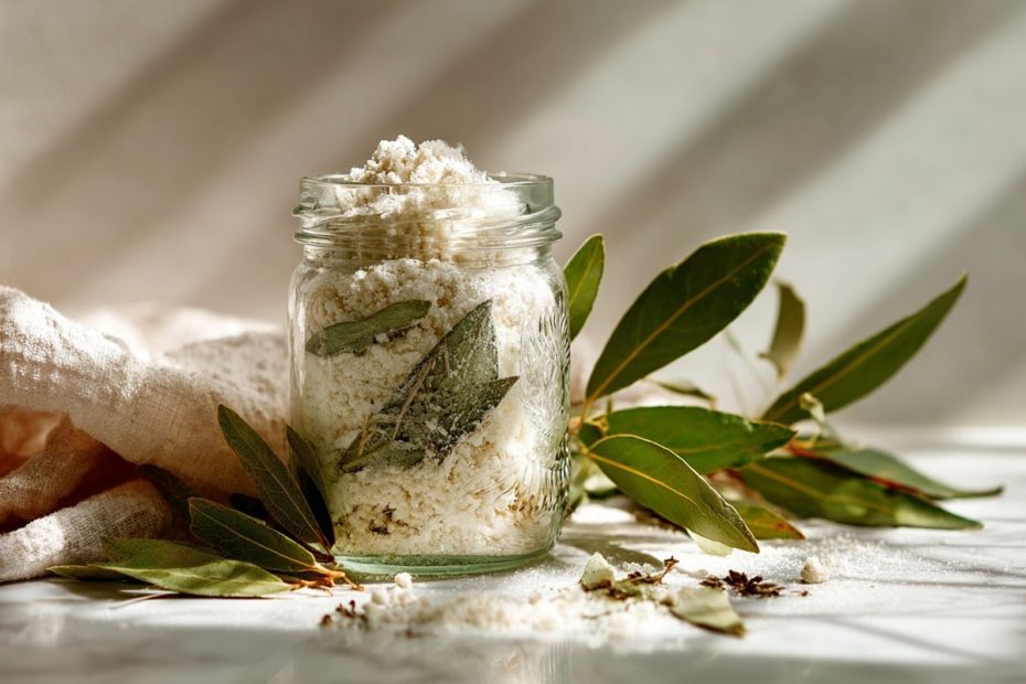 Ein Glasgefäß mit weißem Pulver (Backpulver/Natron) und getrockneten Lorbeerblättern
