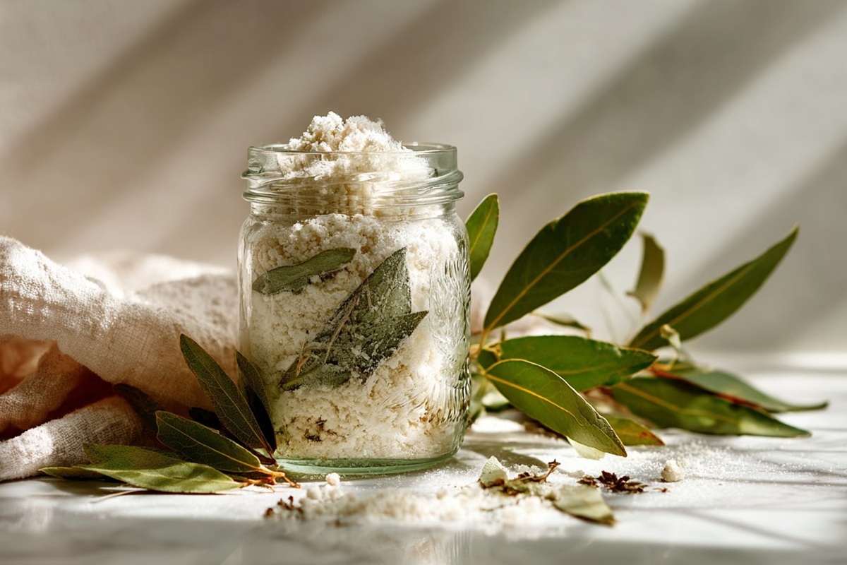 Ein Glasgefäß mit weißem Pulver (Backpulver/Natron) und getrockneten Lorbeerblättern