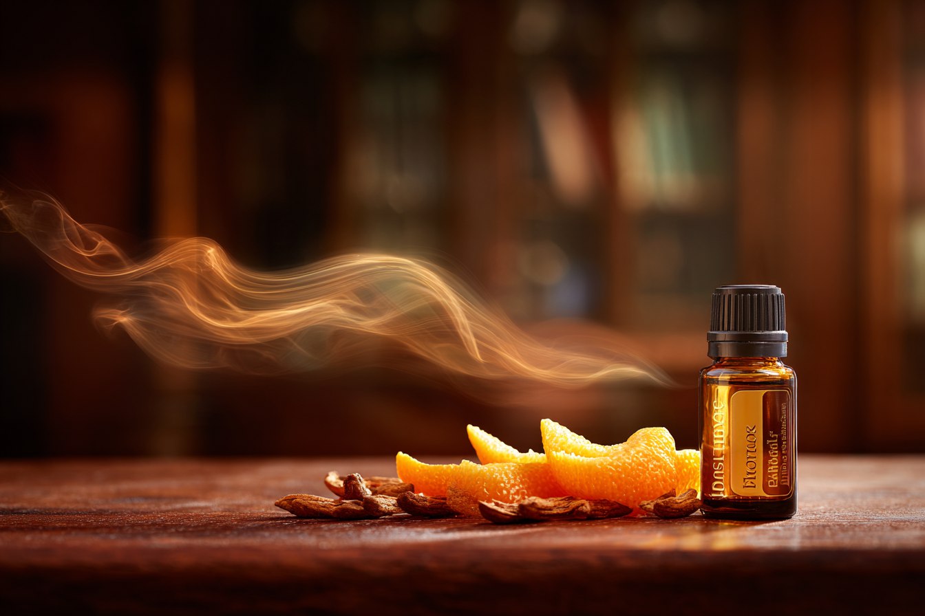 Professionelle Fotografie: Ein bernsteinfarbener Schleier schwebt über einer Flasche Orangenöl vor einem dunklen Holzhintergrund.