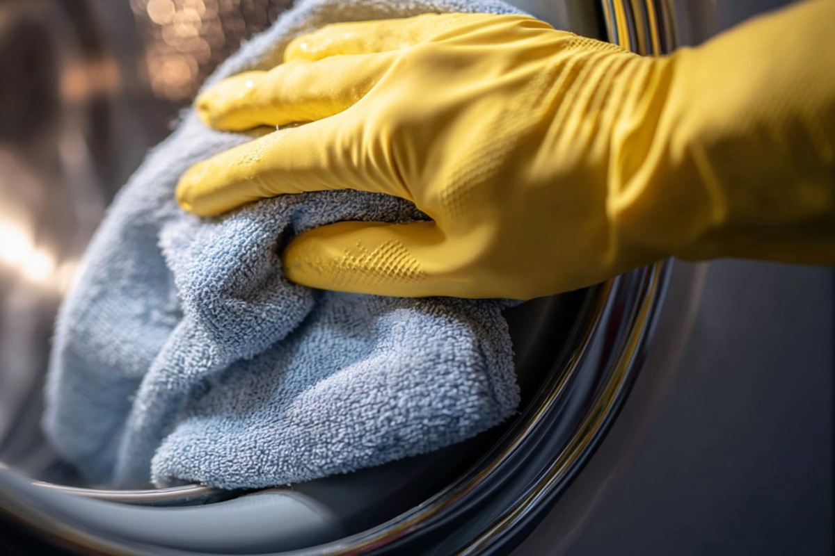 Nahaufnahme des Reinigungsvorgangs einer verschmutzten Manschette einer Waschmaschinenluke