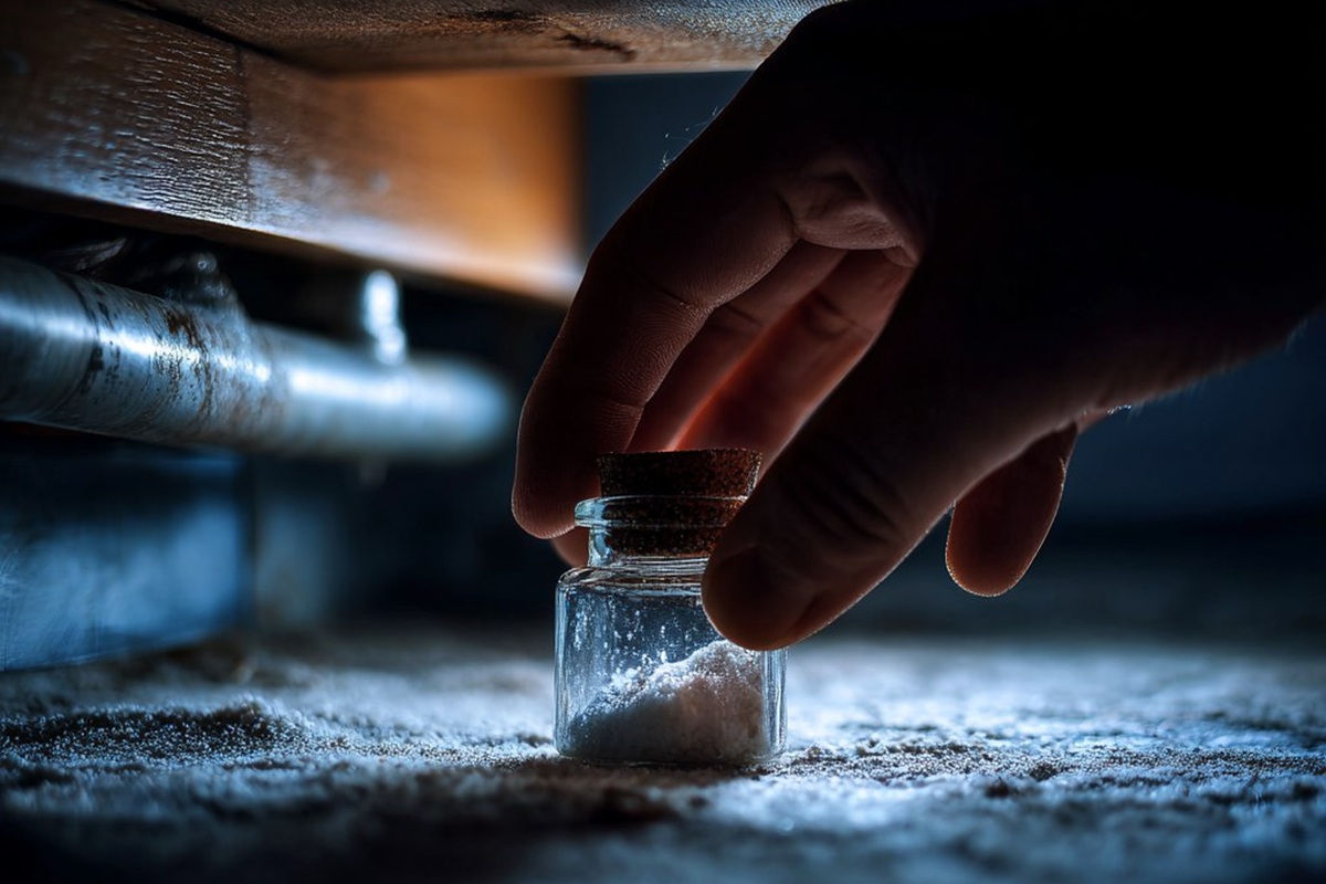 A person leaves an insect trap in a hidden place in the kitchen.