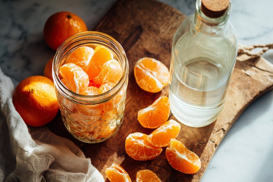 Stillleben auf einem Holzbrett mit geschälten Mandarinenstücken in einem Glas und einer Flasche weißem Essig