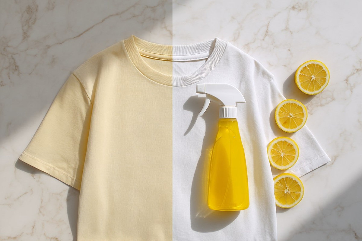 Strahlend weiße T-Shirts neben einer Sprühflasche mit Zitronensaft auf einer Marmorplatte