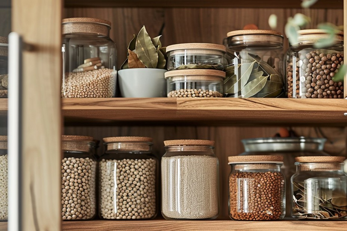 прозрачные банки с деревянными крышками, наполненные крупами, стоят на деревянных полках в открытом шкафу. Слева в белом горшке и в некоторых банках видны сушеные лавровые листья.
