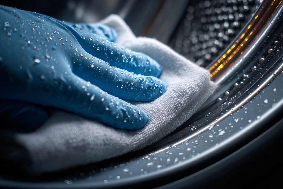 Nahaufnahme einer Reinigung der Waschmaschinendichtung mit Handschuhen und Tuch