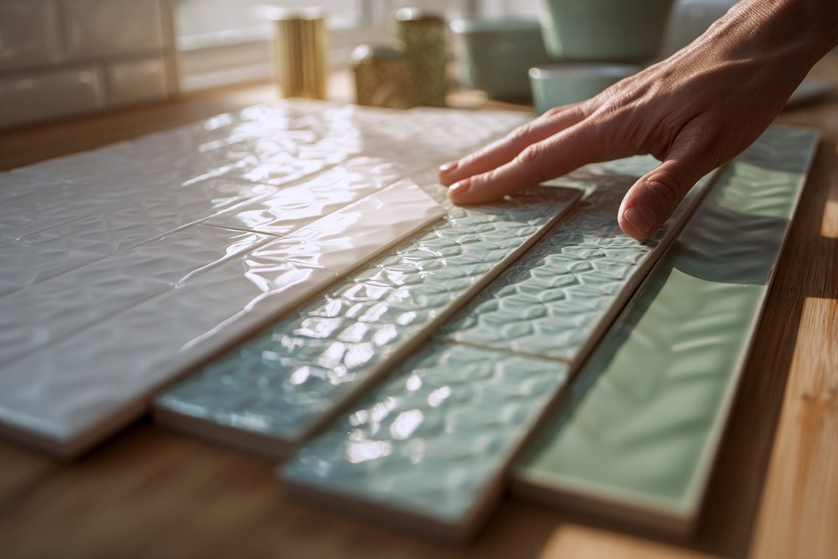 Verschiedene Modelle von selbstklebenden Fliesen für Küche und Bad