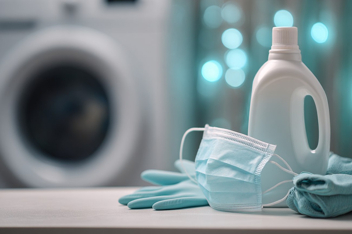 Bleichmittelflasche neben Schutzhandschuhen und Maske vor einer Waschmaschine