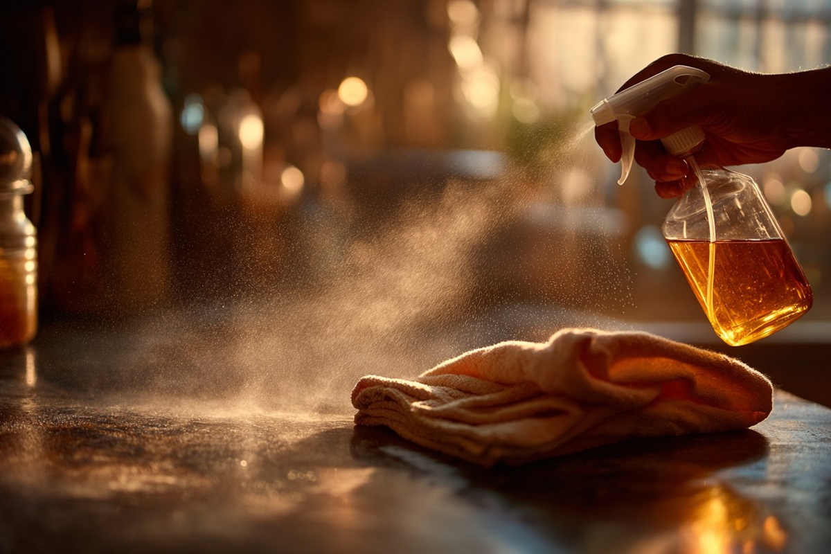 Eine Hand sprüht eine bernsteinfarbene Flüssigkeit aus einer durchsichtigen Sprühflasche auf eine dunkle Küchenarbeitsplatte