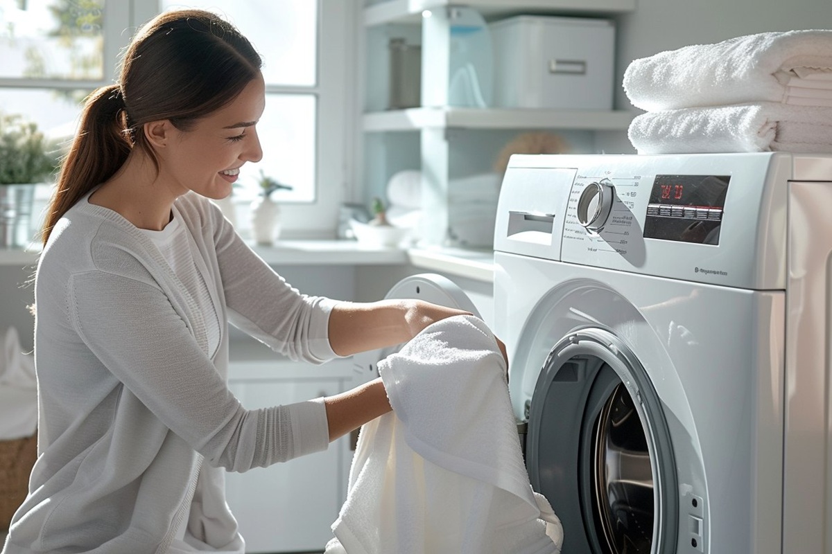 Nahaufnahme einer Reinigung der Waschmaschinendichtung mit Handschuhen und Tuch
