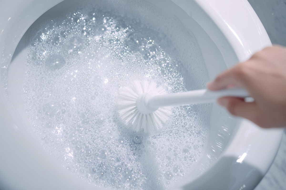 Reinigung der Toilettenschüssel mit einer Bürste und Wasserstoffperoxid