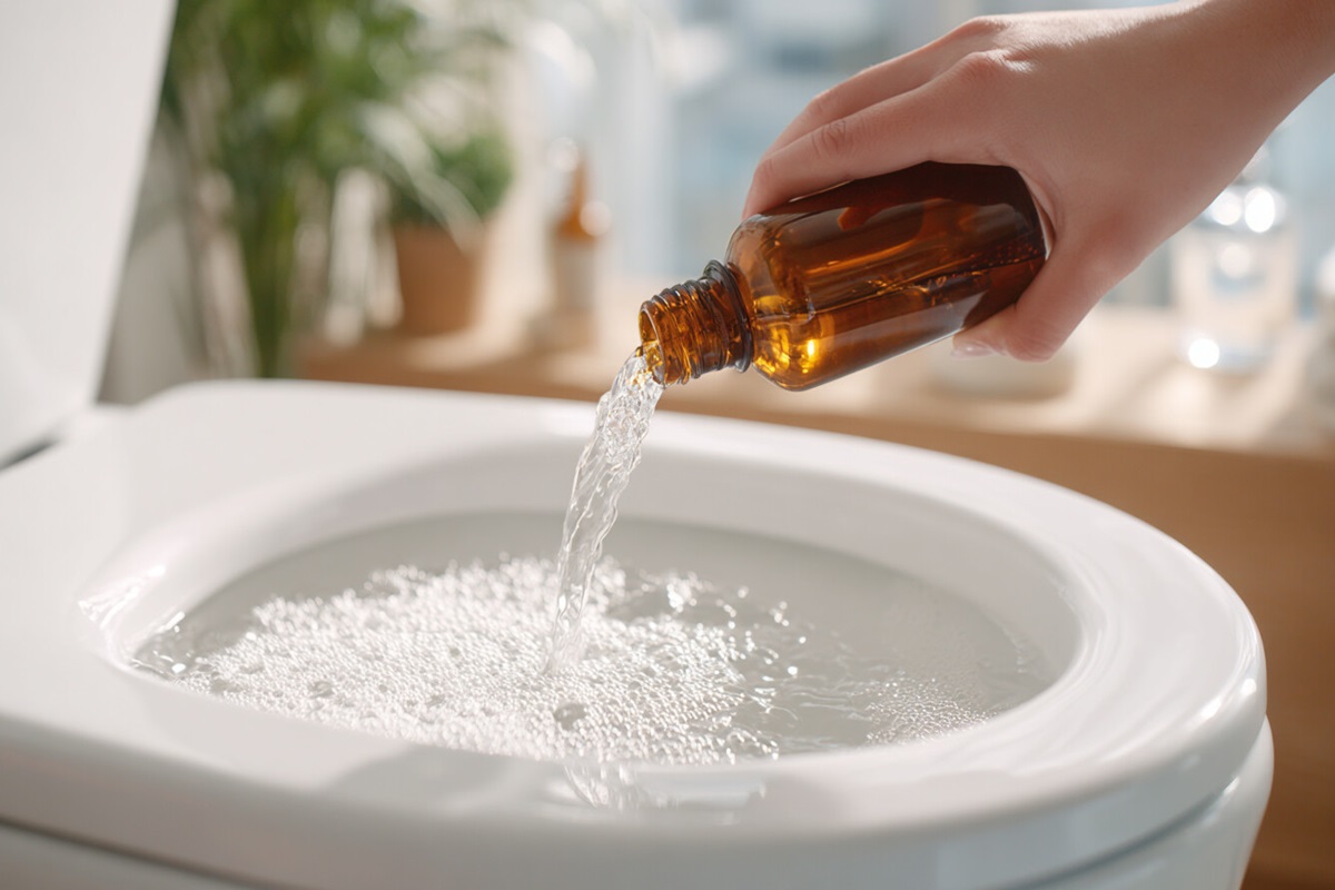 Wasserstoffperoxid in die Toilette gießen für Desinfektion und Sauberkeit
