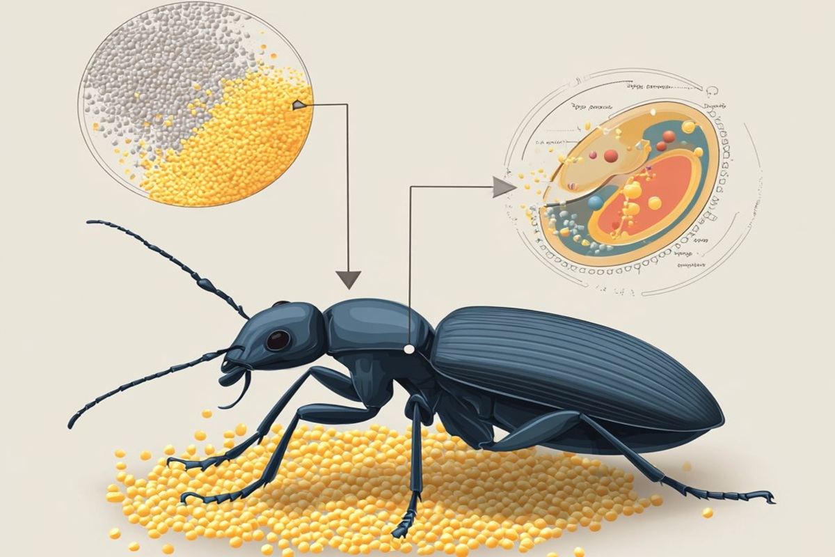 Wissenschaftliche Illustration, die die chemische Wirkung des Köders auf das Verdauungssystem einer Kakerlake zeigt
