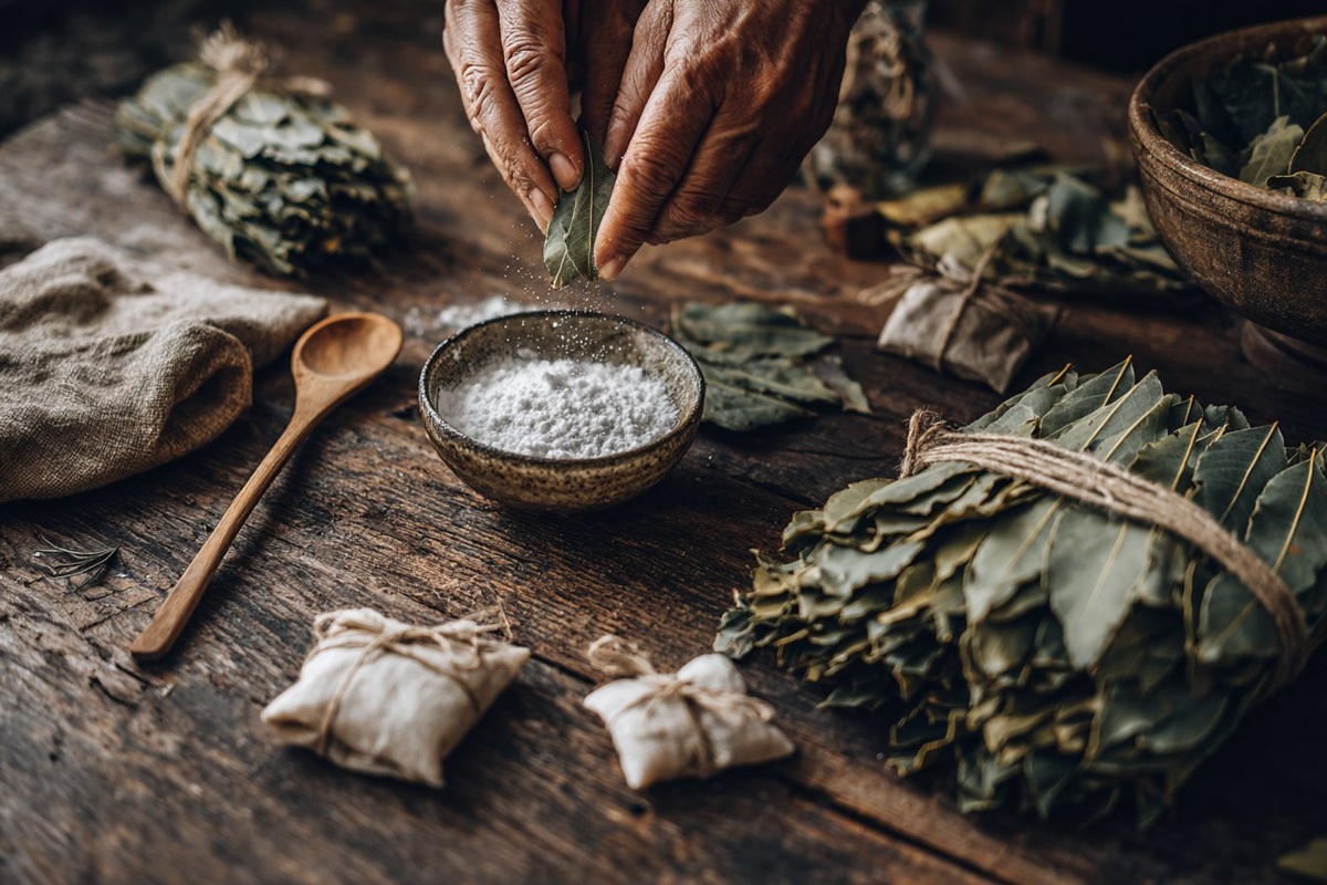 Eine Person zerbröselt getrocknete Lorbeerblätter in eine kleine Schüssel mit weißem Pulver (Natron)