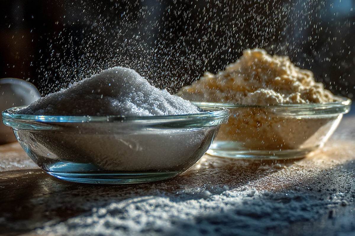 Nahaufnahme von zwei Glasschalen mit weißem Zucker und Backpulver, auf die Pulver gestreut wird